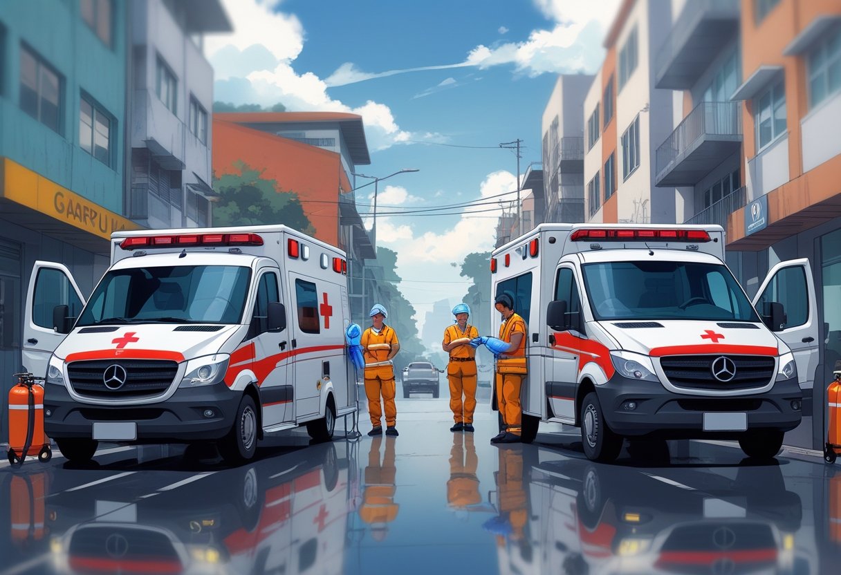 Ilustração mostrando dois tipos de ambulância, uma de suporte básico e outra de suporte avançado, estacionadas lado a lado com paramédicos ao redor em uma área urbana.