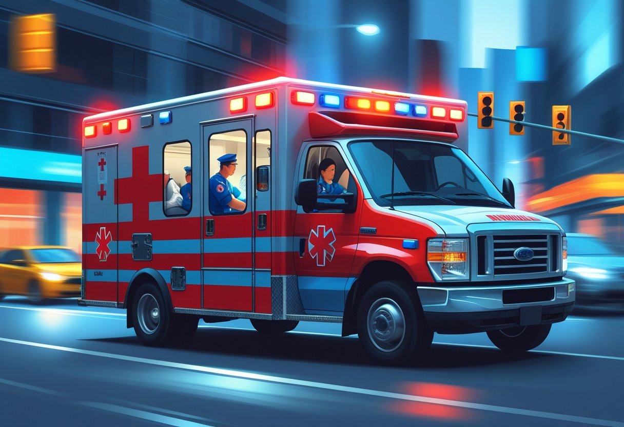 Ambulância de emergência em movimento com paramédicos atendendo um paciente em uma rua da cidade.