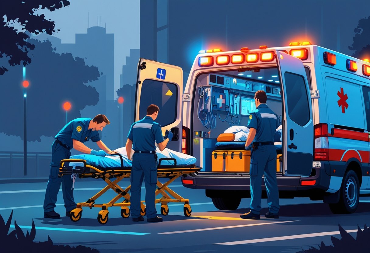 Uma ambulância estacionada em uma situação de emergência com paramédicos atendendo um paciente em uma maca, equipamentos médicos visíveis e luzes de emergência acesas.