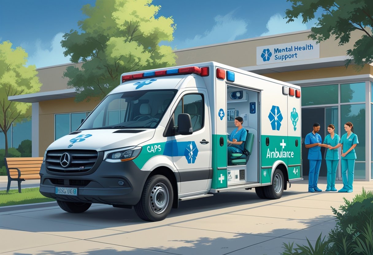 Uma ambulância moderna do CAPS estacionada em frente a uma unidade de saúde, com profissionais de saúde preparados para atender um paciente.