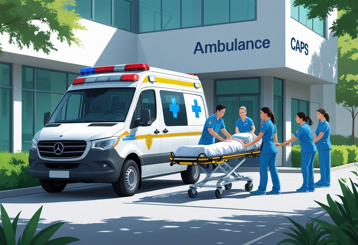 Ambulância estacionada em frente a um prédio do CAPS com profissionais de saúde ajudando um paciente em uma maca para entrar na ambulância.