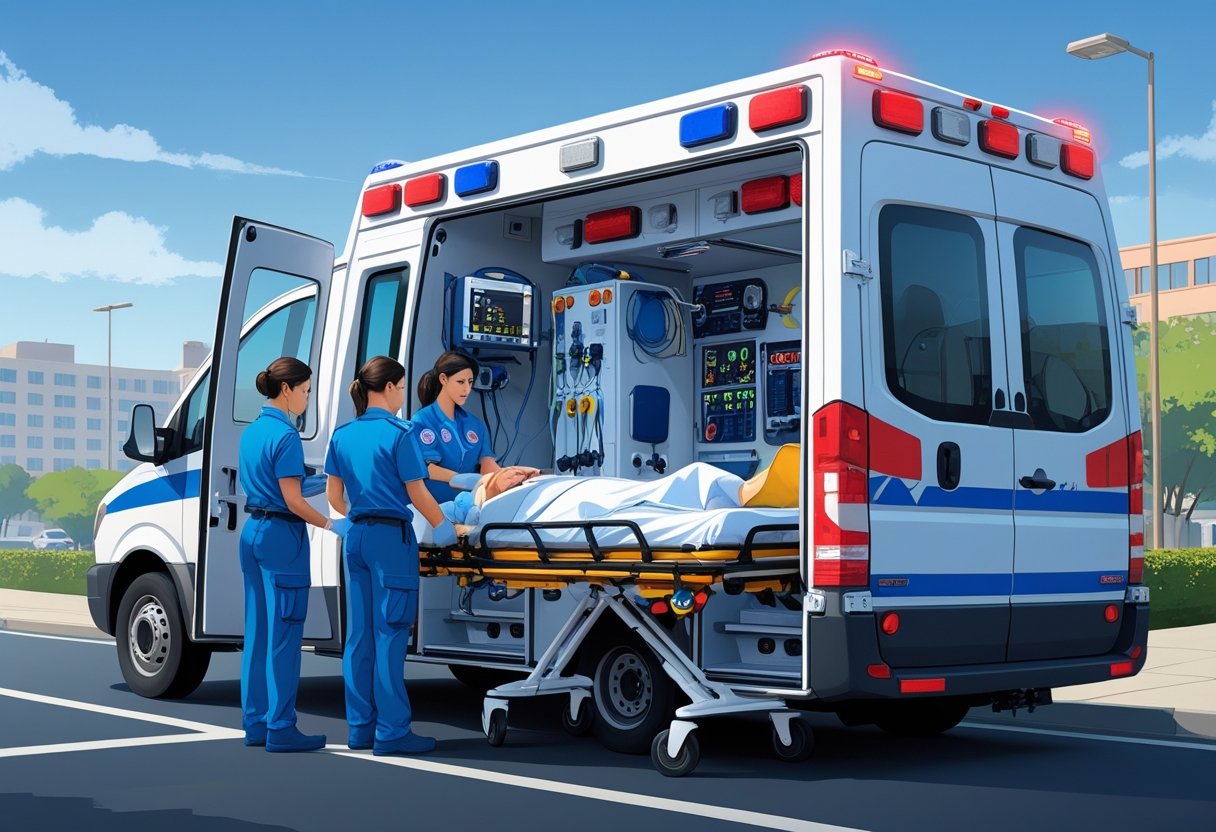 Ambulância de Suporte Avançado: Equipamentos e Protocolos Essenciais para Atendimento de Emergência Ambulância de suporte avançado com portas abertas mostrando equipamentos médicos e paramédicos atendendo um paciente em uma maca.