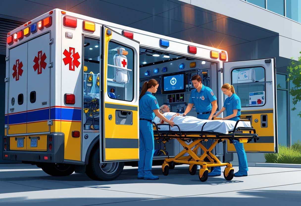 Ambulância de Suporte Avançado: Equipamentos e Protocolos Essenciais para Atendimento de Emergência Uma ambulância de suporte avançado estacionada em frente a um hospital, com paramédicos preparando equipamentos médicos e atendendo a um paciente.
