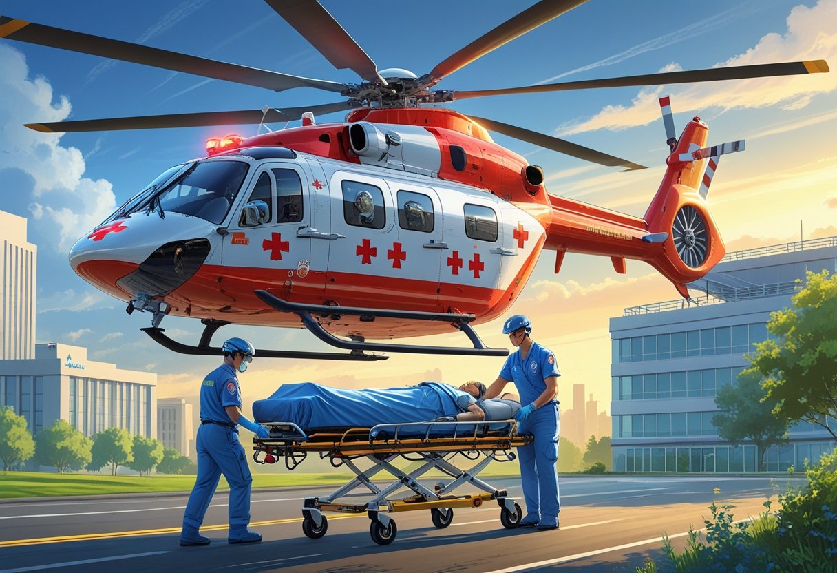Helicóptero de ambulância aérea pousando em um hospital enquanto paramédicos carregam um paciente em uma maca.