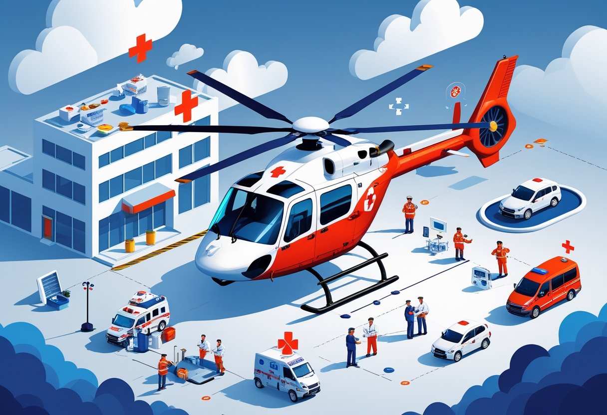 Ilustração mostrando um helicóptero de ambulância aérea cercado por elementos que representam equipamentos médicos, equipe de paramédicos, combustível, condições climáticas e mapa de distância, com um hospital ao fundo.