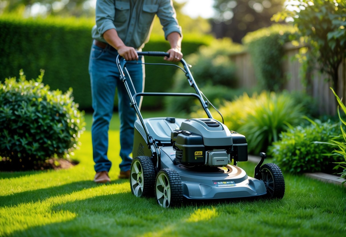 Person examining a self-propelled lawn mower in a green backyard.