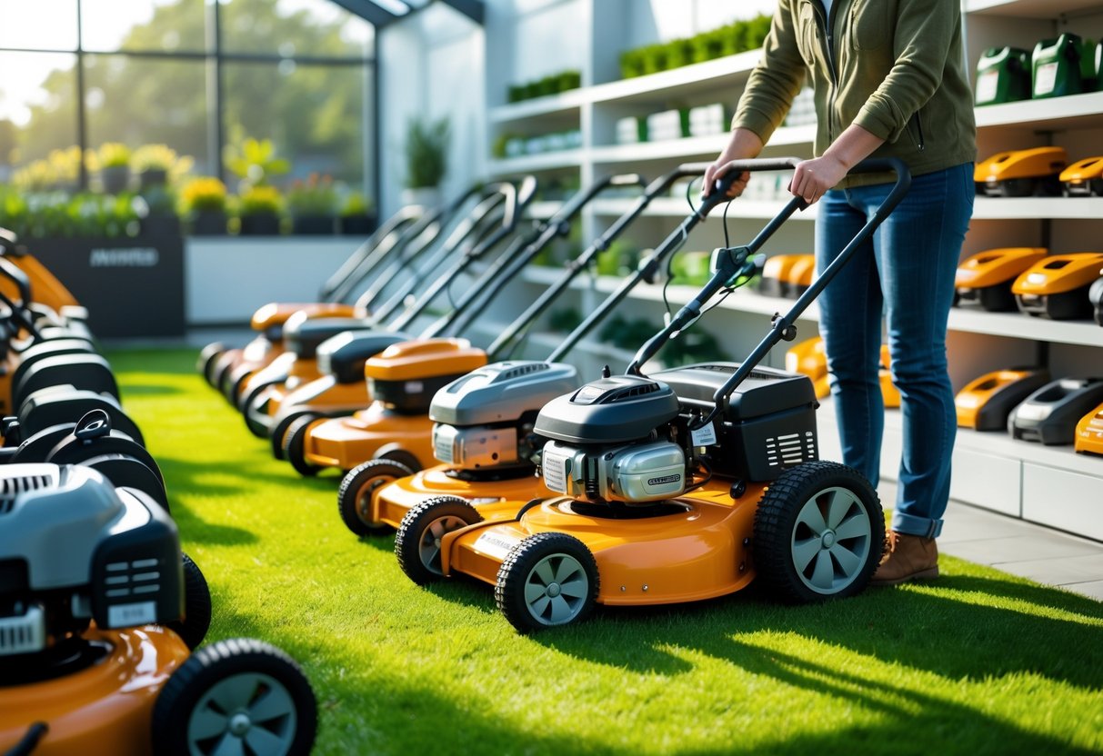 Person examining a self-propelled lawn mower in a garden equipment store with multiple lawn mowers on display.