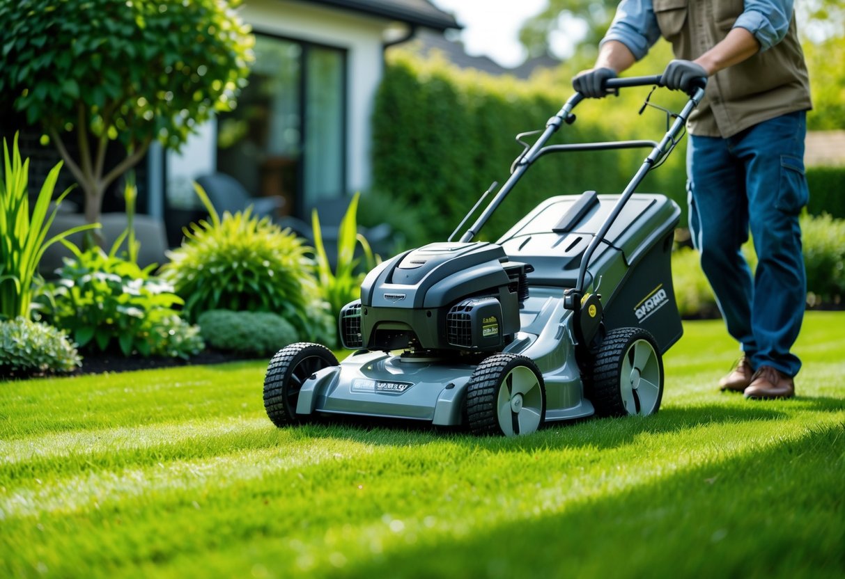 Person mowing a green lawn with a modern self-propelled lawn mower in a sunny backyard.
