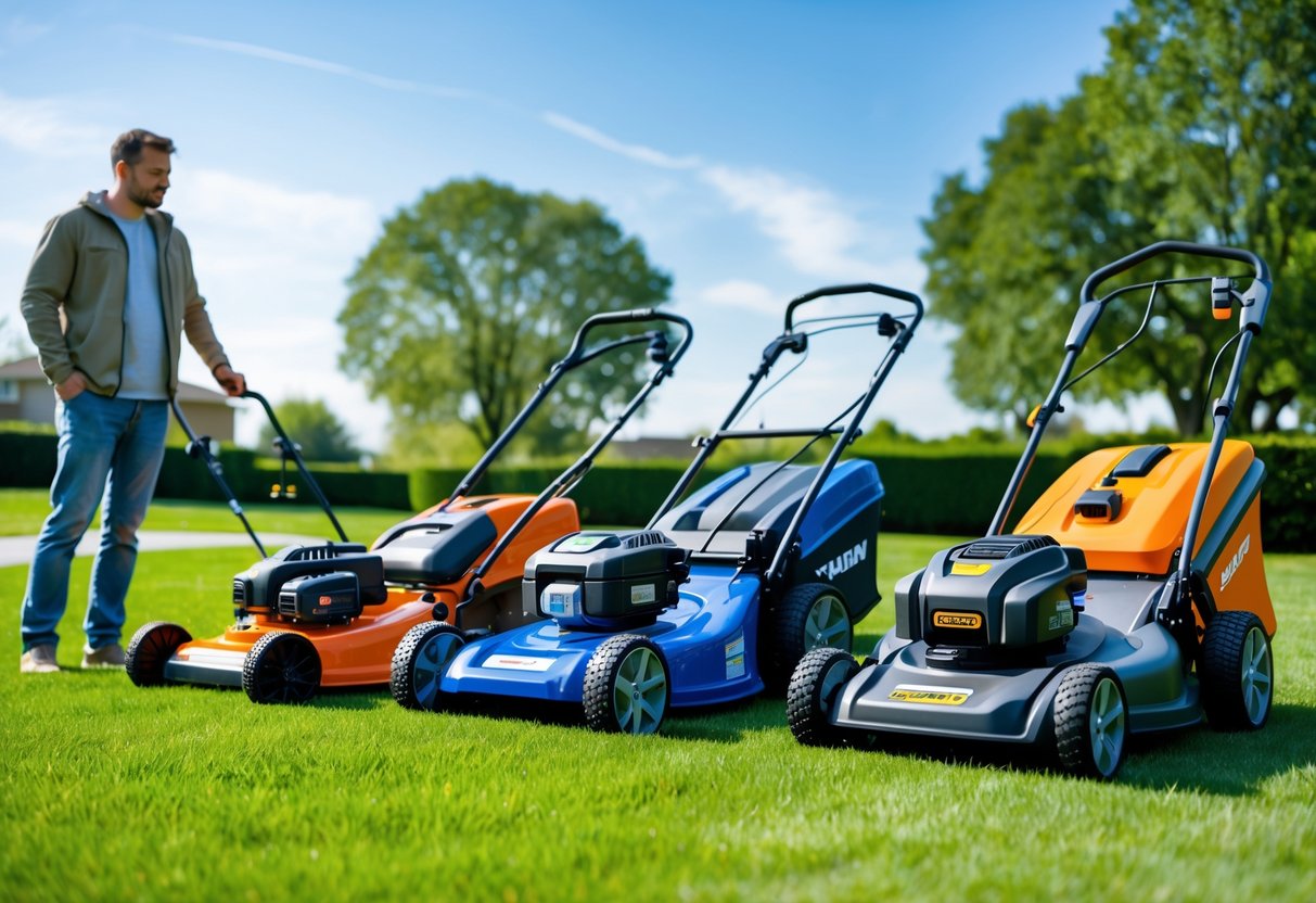 Three self-propelled lawn mowers representing gas, battery, and electric models arranged side by side on a green lawn with a person examining them.