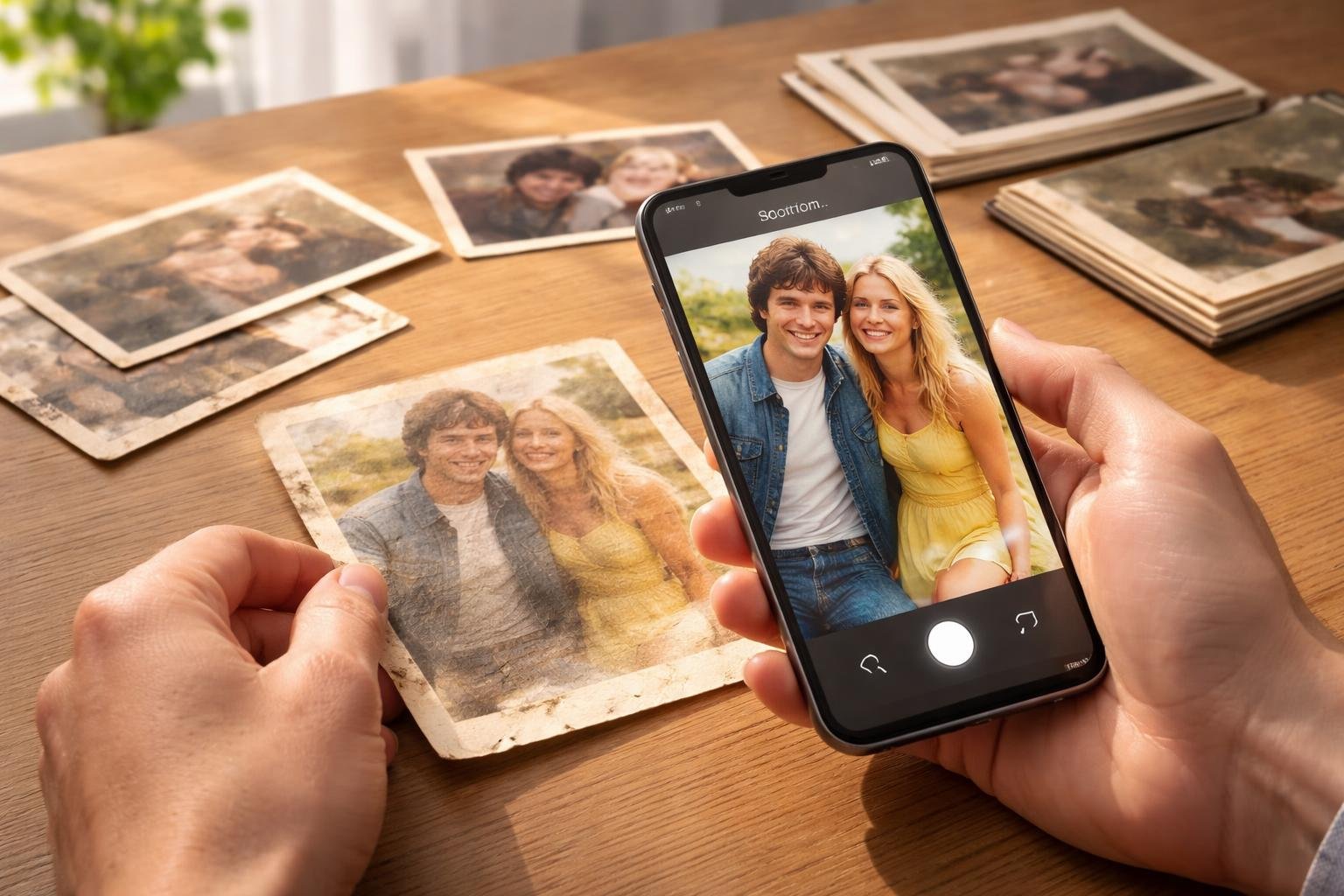 A person scanning an old paper photograph with a smartphone displaying a digitally enhanced version of the photo.