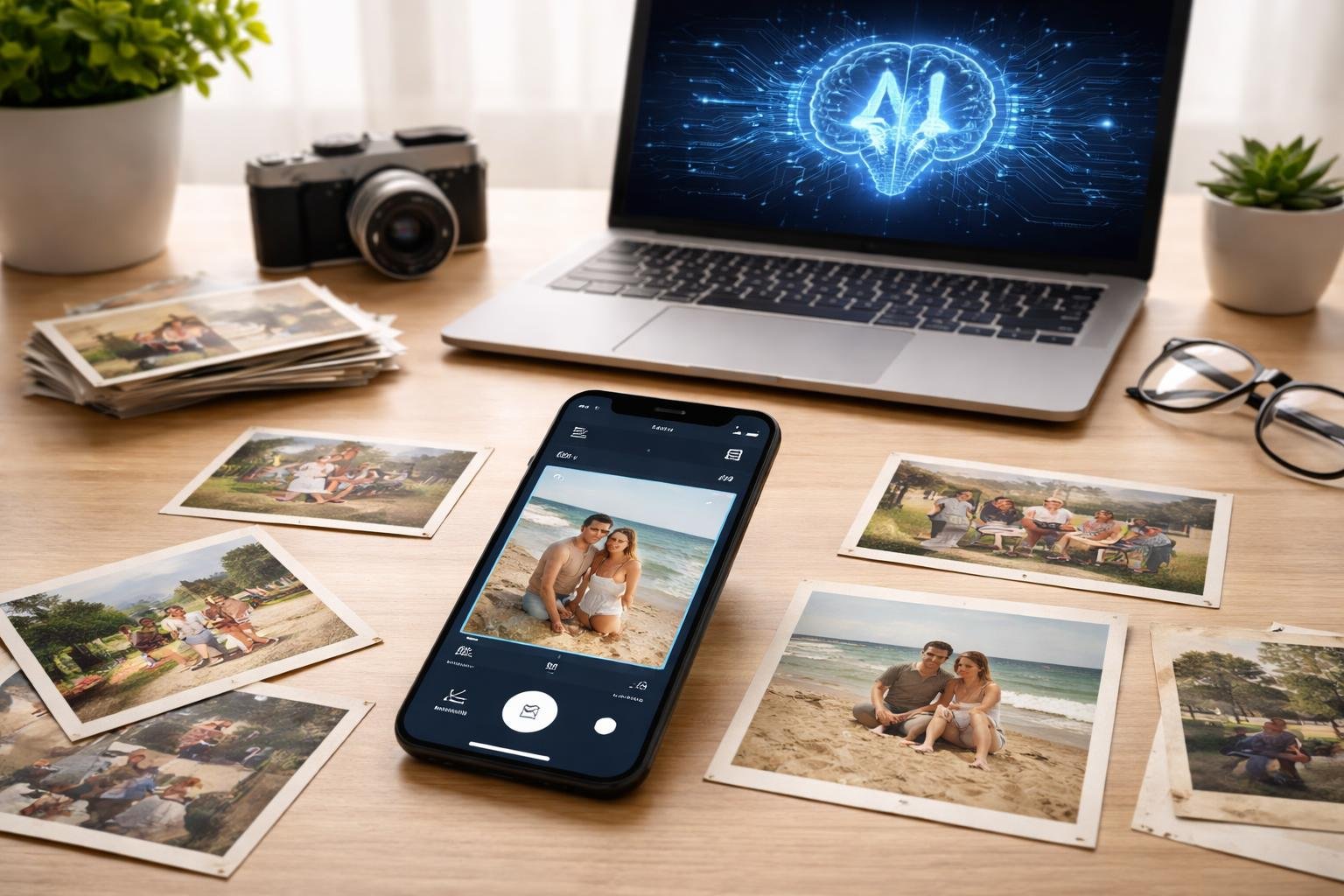 A desk with a smartphone scanning an old printed photo, surrounded by vintage photos and a laptop.