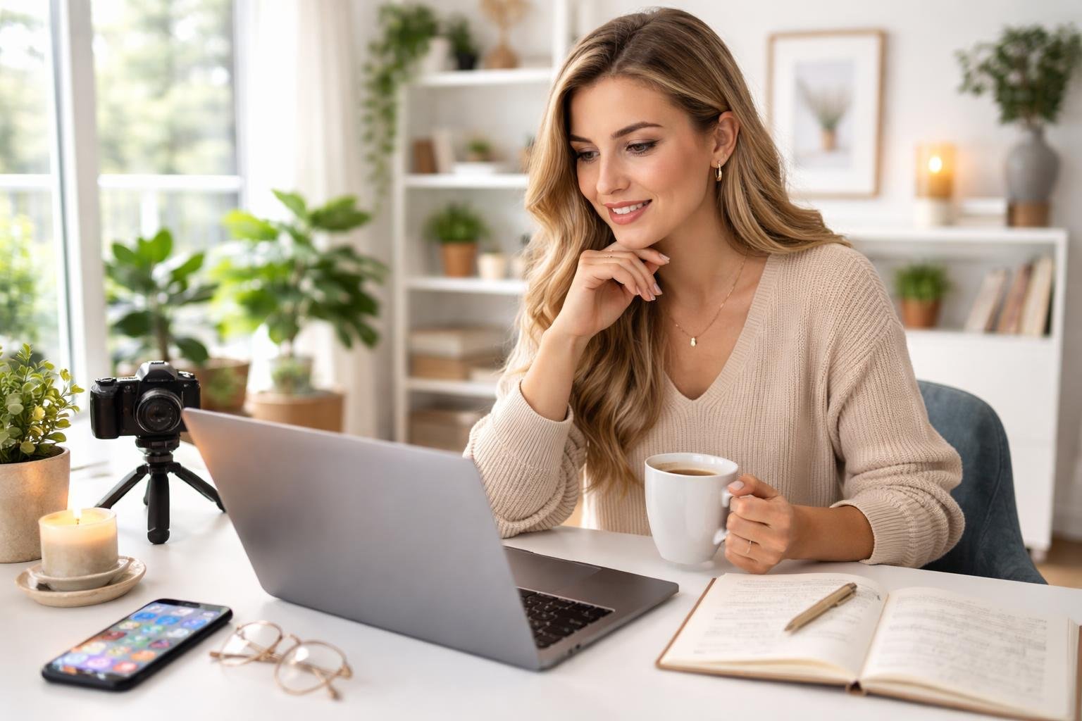 Junge Person arbeitet an einem Laptop in einem hellen, modernen Büro mit Smartphone und Notizbuch auf dem Tisch.