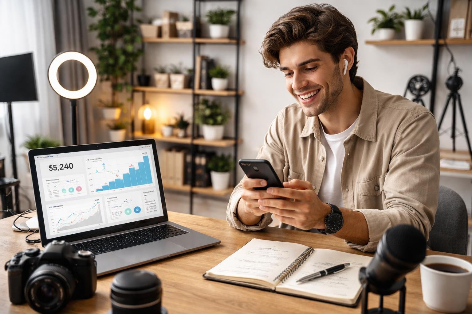 Eine Person in einem modernen Arbeitszimmer arbeitet an einem Laptop mit Social-Media-Statistiken, hält ein Smartphone und umgeben von Kameraausrüstung und Notizbuch.