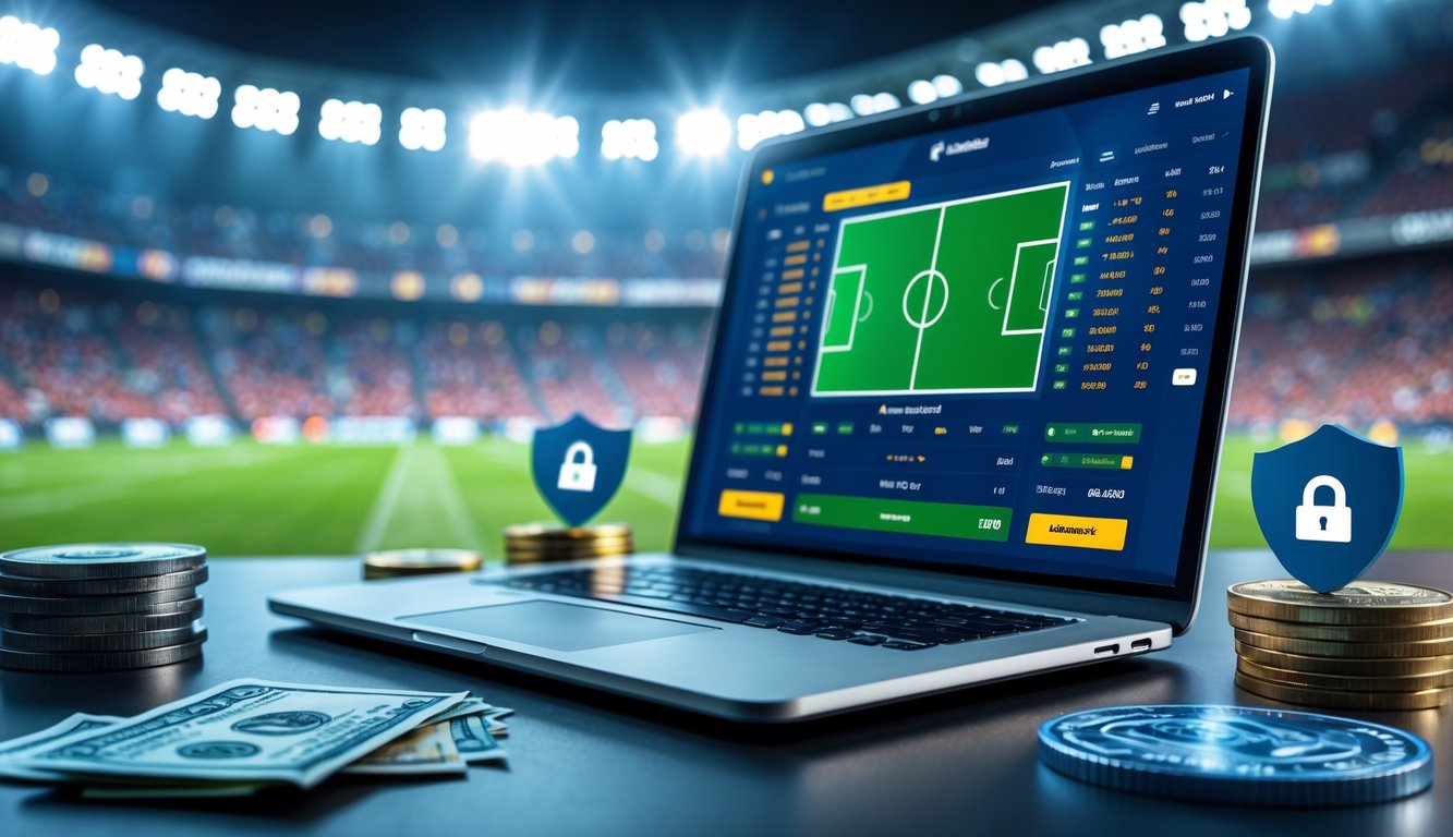 Seorang pria menggunakan laptop dengan layar menampilkan pertandingan sepak bola dan informasi taruhan, di latar belakang stadion sepak bola yang penuh penonton.