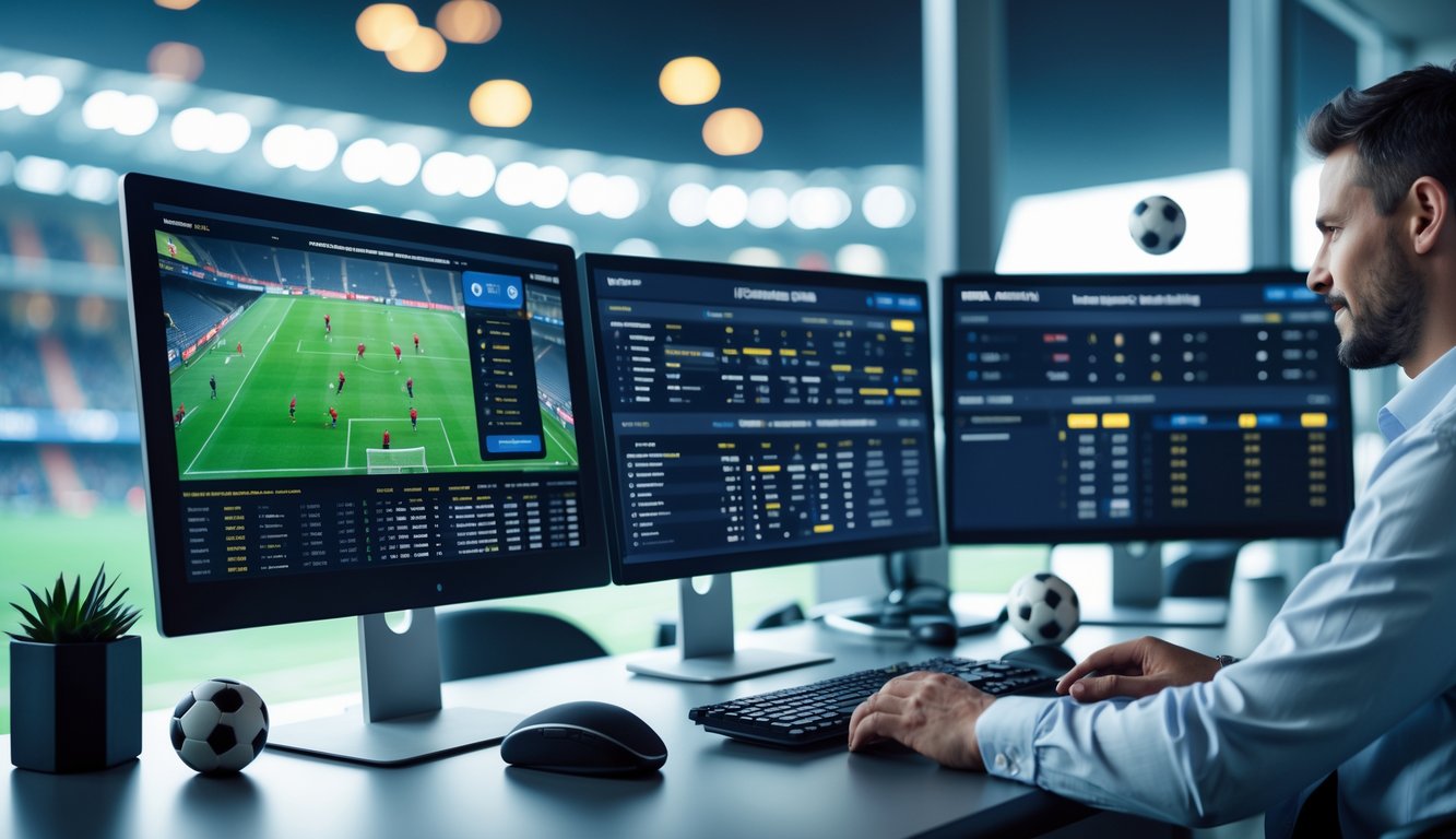 Seorang profesional menggunakan komputer dengan tampilan pertandingan sepak bola Eropa dan statistik taruhan di layar.