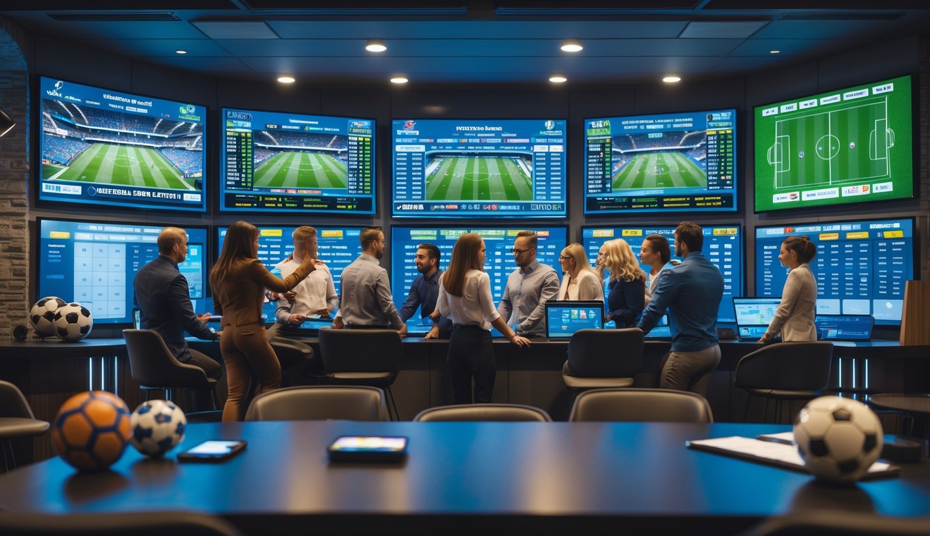 Sekelompok orang sedang menonton pertandingan sepak bola dan menggunakan perangkat digital untuk memasang taruhan di lingkungan yang modern dan profesional.