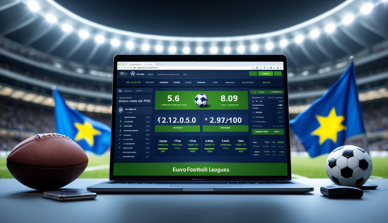 Seorang pria menggunakan laptop dengan halaman taruhan sepak bola liga Eropa terbuka, di latar belakang terdapat bola sepak dan bendera Eropa.