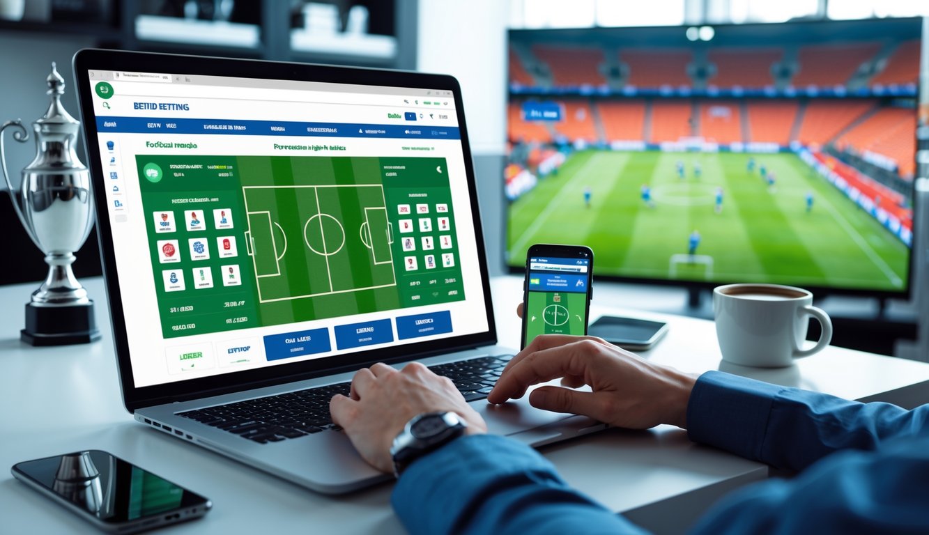 Seseorang menggunakan laptop dan smartphone di meja kerja dengan layar menampilkan pertandingan sepak bola liga Eropa dan situs taruhan online.