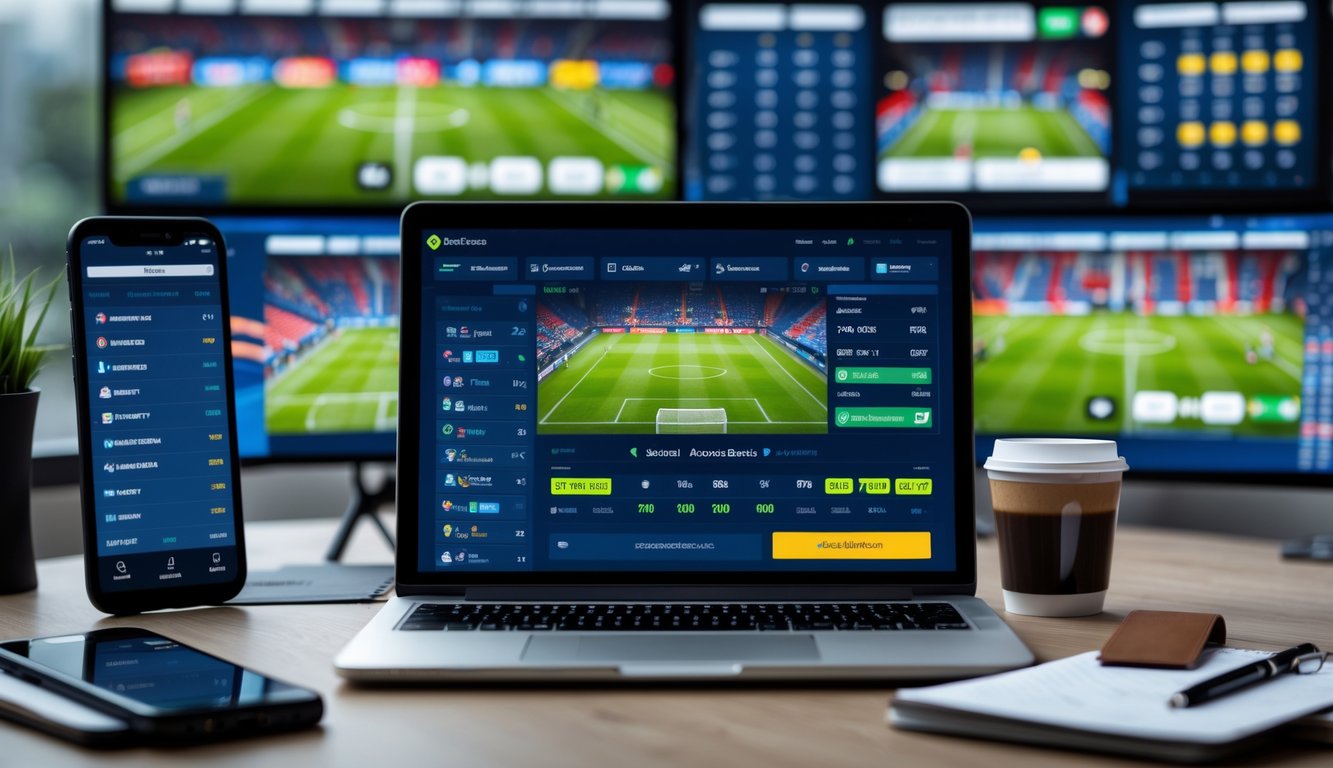 Seorang pria sedang menggunakan laptop dengan tampilan situs taruhan bola online dan layar di belakang menampilkan pertandingan sepak bola liga Eropa.