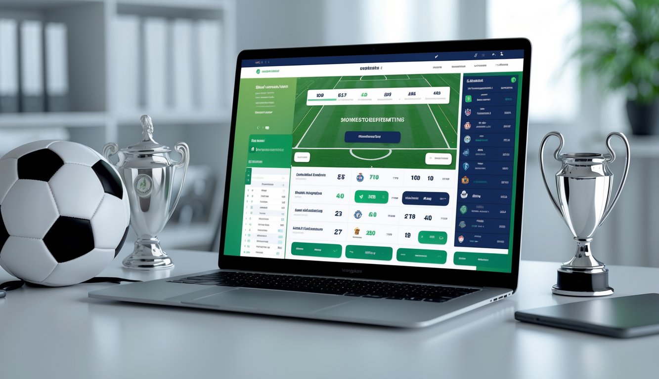 Seorang pria menggunakan laptop dengan tampilan situs taruhan sepak bola dan bola sepak di meja di ruangan terang.