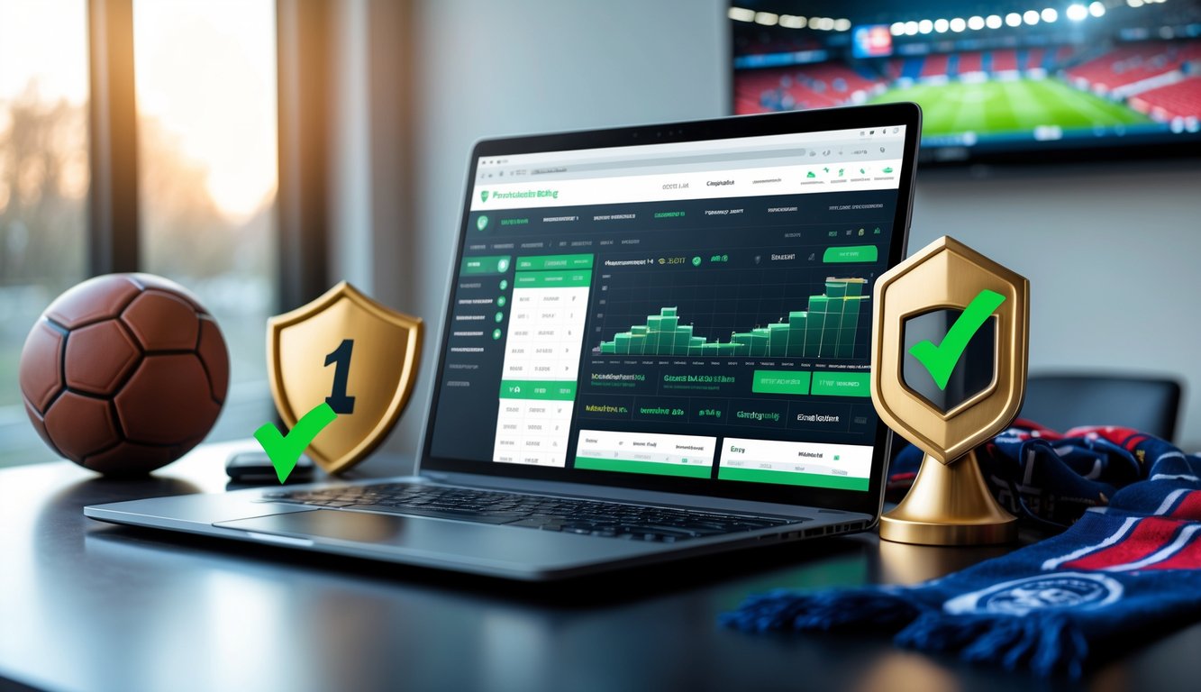 Meja kerja dengan laptop yang menampilkan situs taruhan sepak bola Liga Eropa, dilengkapi dengan elemen yang melambangkan kepercayaan dan pembaruan pertandingan.