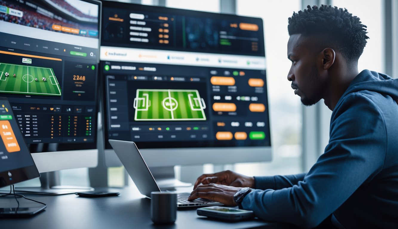 Seseorang sedang menggunakan laptop dan ponsel untuk taruhan sepak bola liga Eropa dengan beberapa layar menampilkan pertandingan langsung dan peluang taruhan.