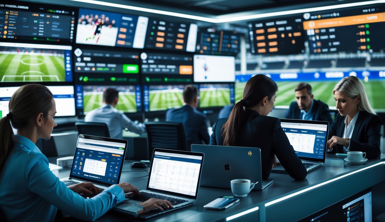 Orang-orang sedang menggunakan komputer dan ponsel untuk taruhan sepak bola dengan latar monitor menampilkan pertandingan dan data taruhan secara langsung.