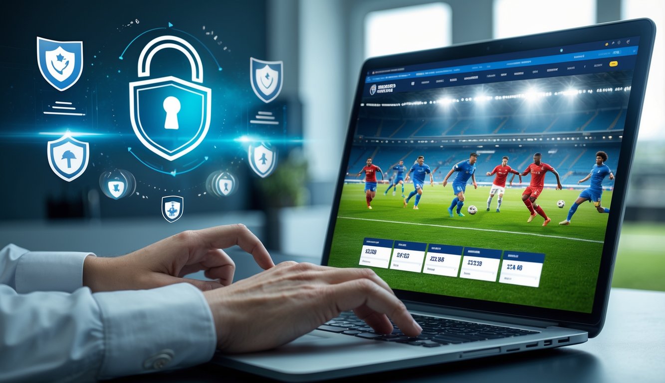 Orang menggunakan laptop dengan tampilan pertandingan sepak bola liga Eropa di layar, di meja kerja yang rapi dengan simbol keamanan digital di latar belakang.