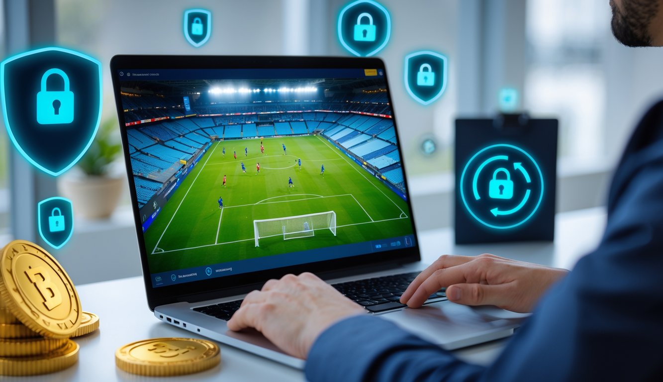 Seseorang menggunakan laptop yang menampilkan pertandingan sepak bola liga Eropa dengan ikon keamanan digital di sekitar layar.