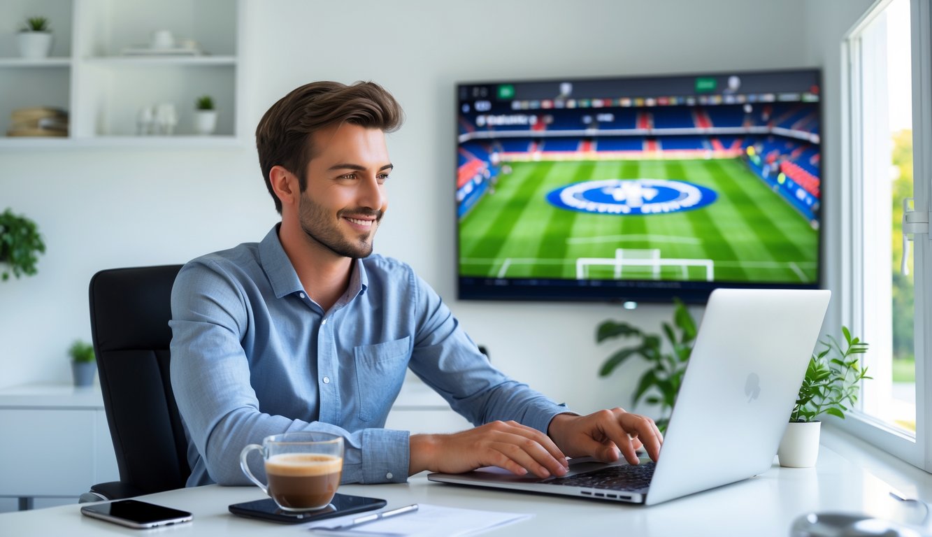 Seorang pria muda duduk di meja dengan laptop dan menonton pertandingan sepak bola Eropa di televisi di ruang kerja rumah.