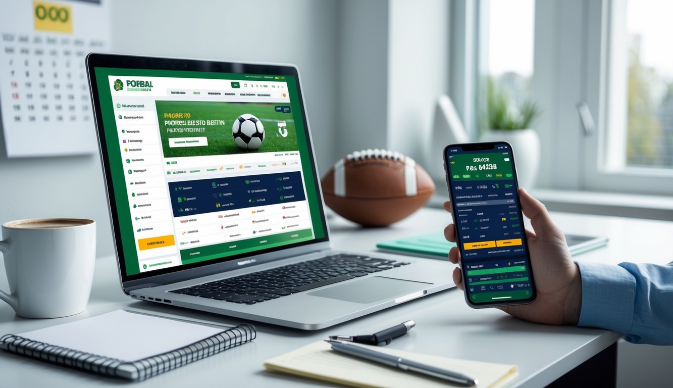 Meja kerja modern dengan laptop dan ponsel yang menampilkan situs taruhan olahraga, dilengkapi dengan kopi dan alat tulis.