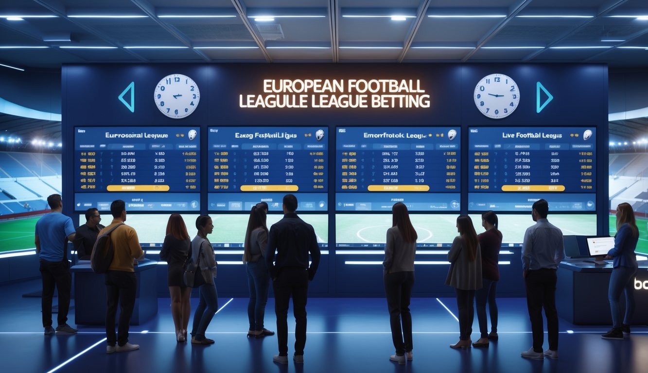 Orang-orang sedang menggunakan layar digital untuk memasang taruhan pada pertandingan sepak bola liga Eropa dalam suasana layanan 24 jam.