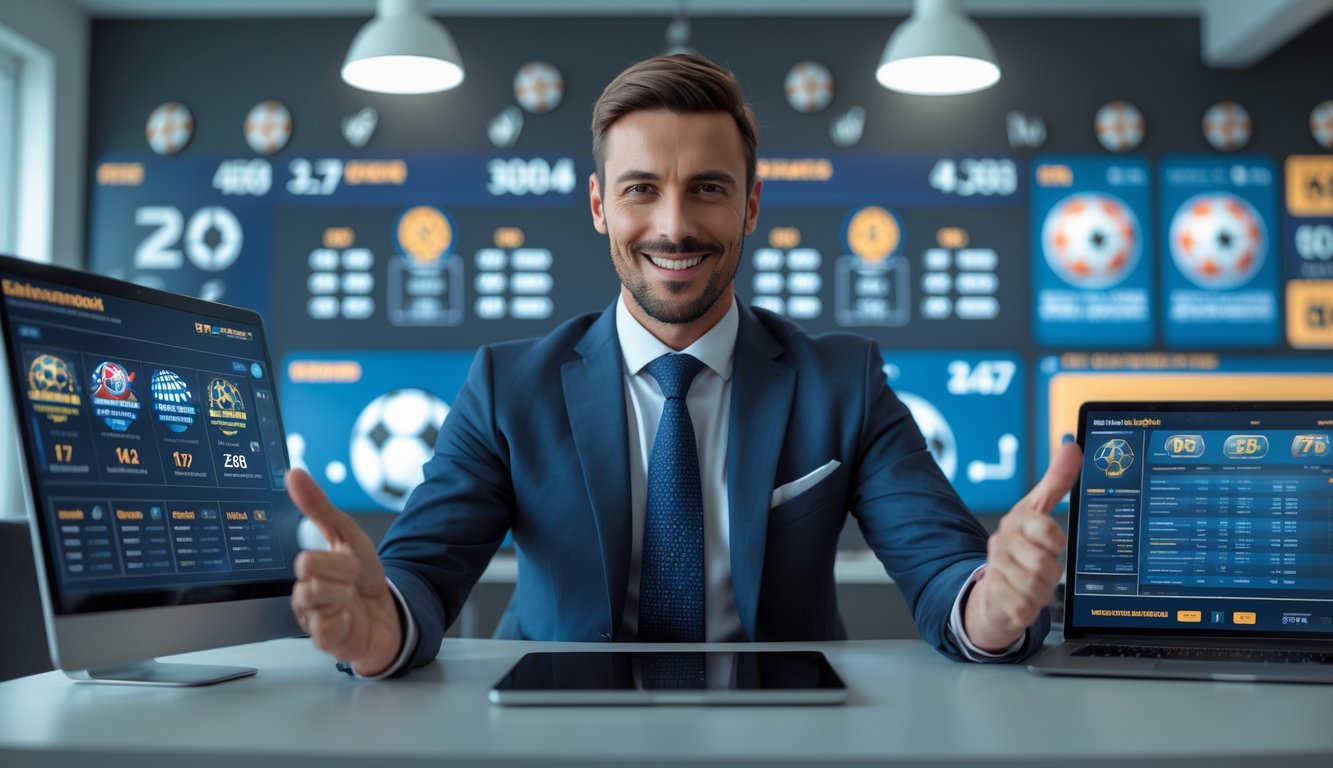 Seorang pria percaya diri di kantor modern dengan layar digital yang menampilkan statistik liga sepak bola Eropa dan layanan taruhan 24 jam.