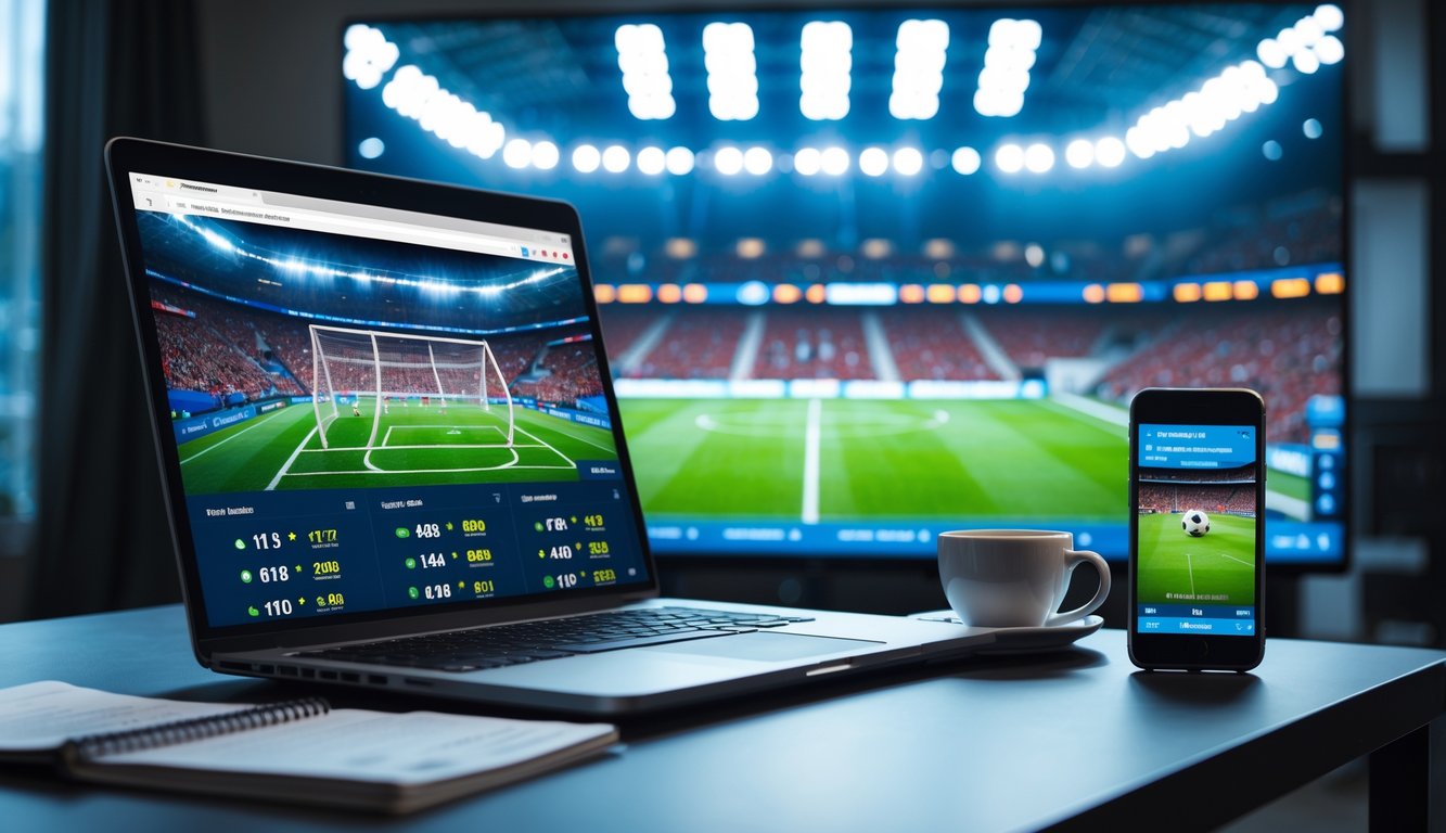 Seorang profesional sedang menggunakan laptop dan ponsel untuk melihat statistik dan pertandingan sepak bola Eropa di meja kerja dengan latar belakang stadion sepak bola yang ramai.