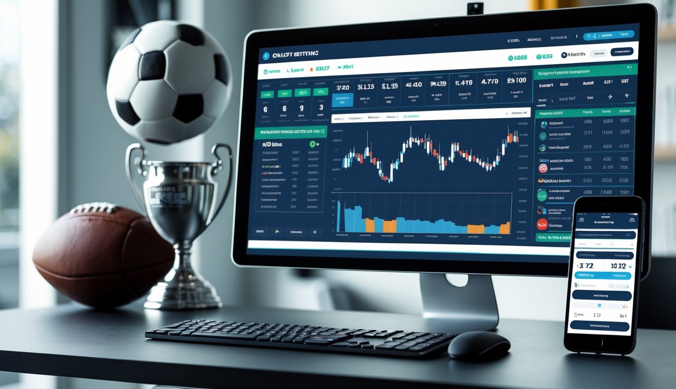 Sebuah ruang kerja modern dengan komputer dan ponsel yang menampilkan data dan prediksi pertandingan sepak bola liga Eropa.