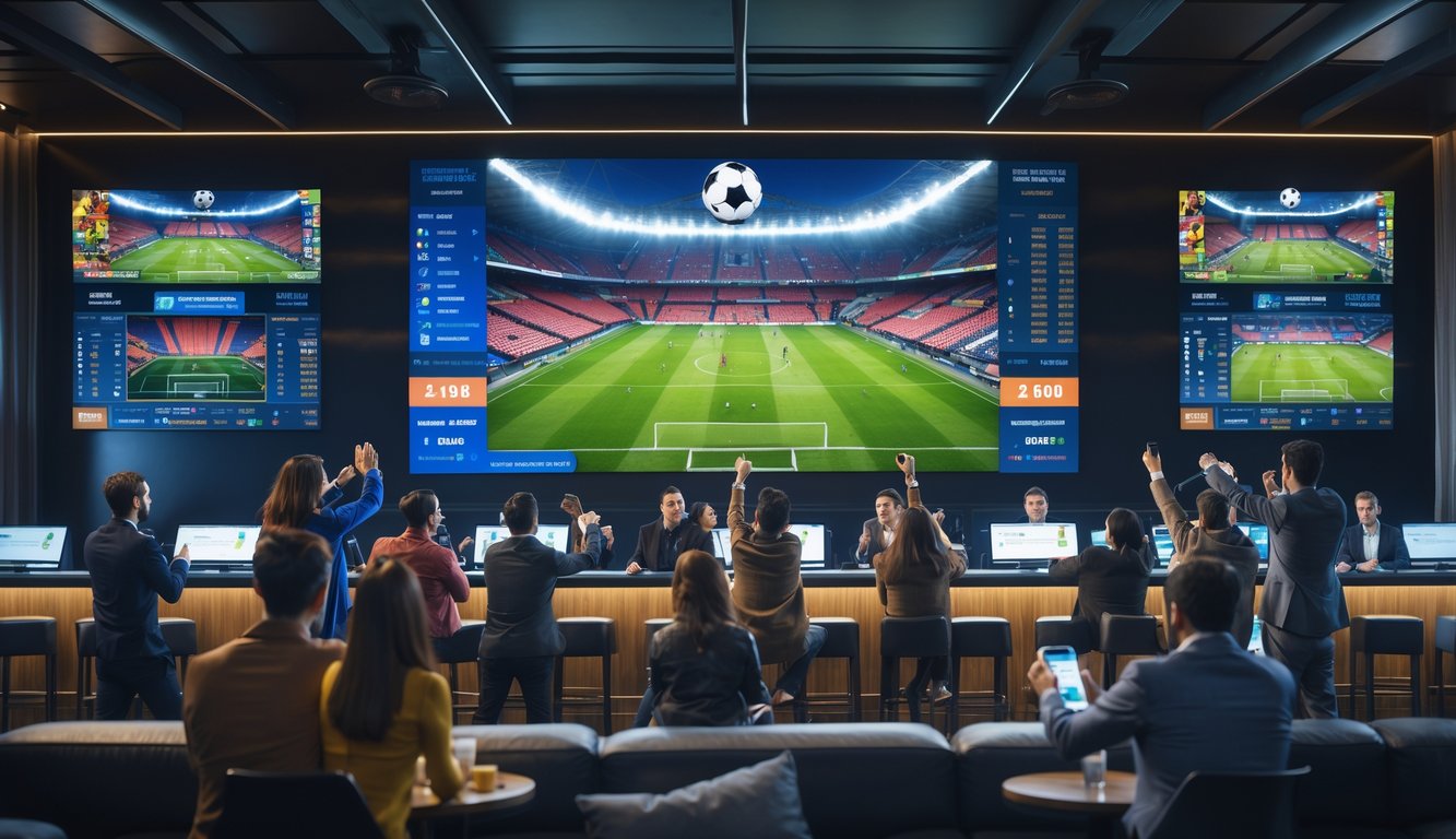 Orang-orang sedang menonton pertandingan sepak bola liga Eropa di sebuah tempat dengan layar besar dan menggunakan perangkat untuk bertaruh secara langsung.