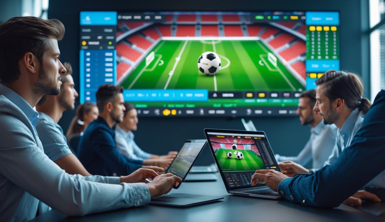 Orang-orang menggunakan perangkat digital untuk memasang taruhan sepak bola Liga Eropa dengan siaran langsung pertandingan di layar besar.