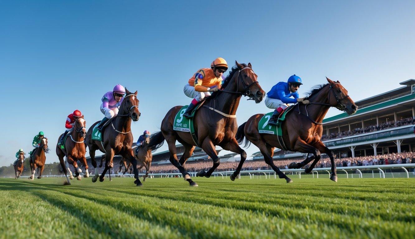 Beberapa kuda pacu dengan joki berwarna-warni sedang berlari cepat di lintasan balap dengan penonton di latar belakang.