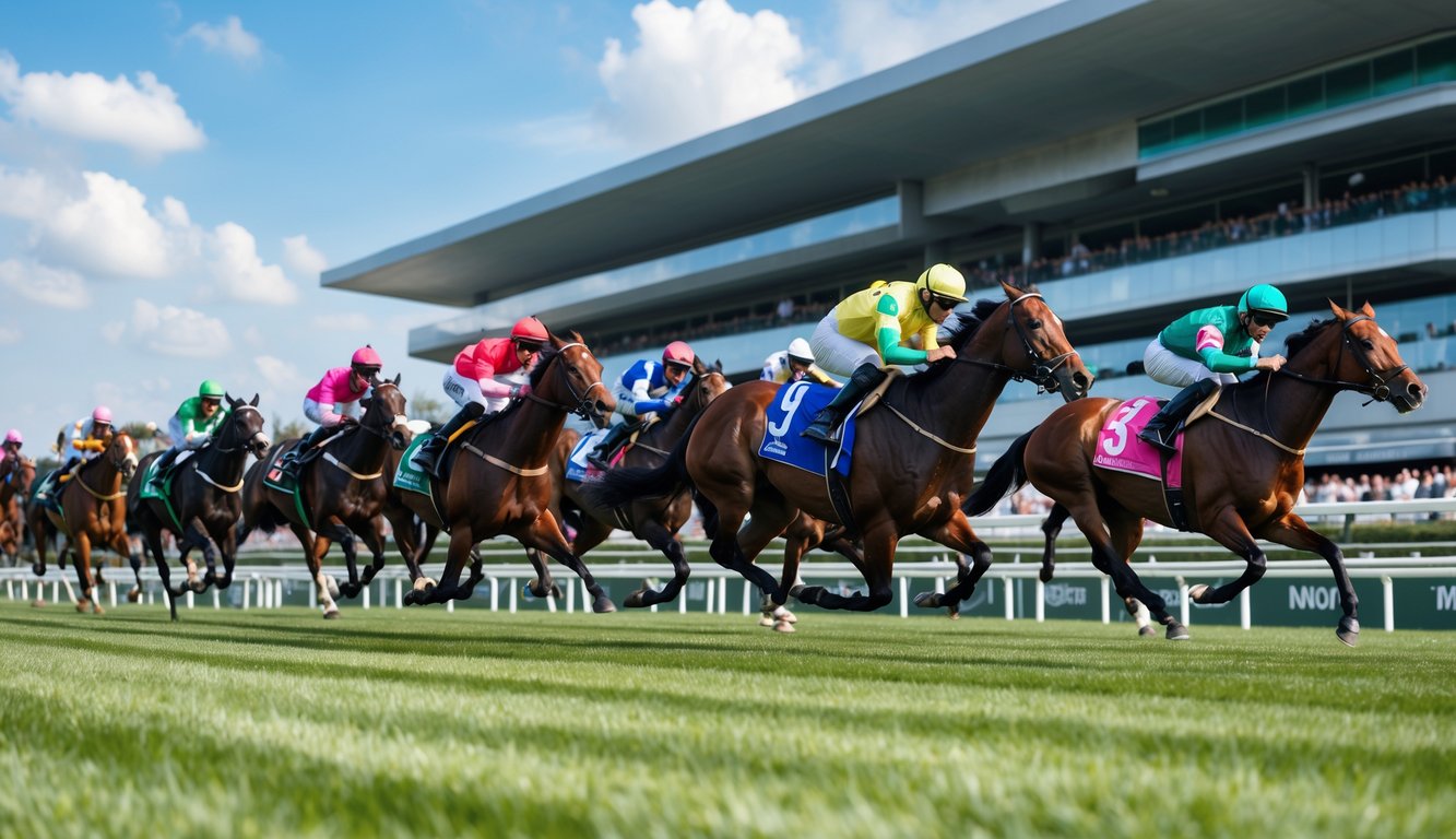 Lomba balap kuda dengan beberapa kuda berlari cepat di lintasan dengan joki mengenakan pakaian warna-warni, penonton di tribun, dan langit cerah.