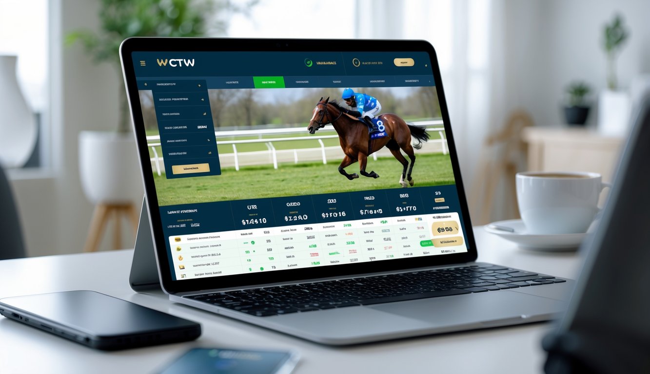 Seseorang menggunakan laptop untuk memasang taruhan balap kuda online di ruangan yang nyaman dan terang.