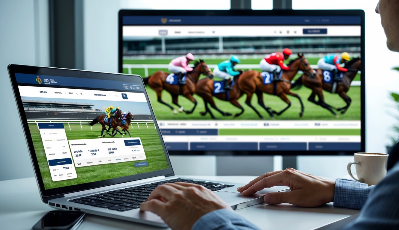 Seseorang menggunakan laptop di meja kerja dengan layar menampilkan balap kuda yang sedang berlangsung di monitor besar di belakangnya.