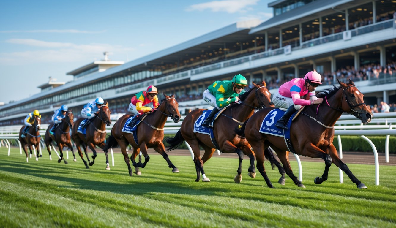 Beberapa kuda pacu dengan joki berwarna-warni sedang berlari kencang di lintasan balap dengan tribun penonton di latar belakang.