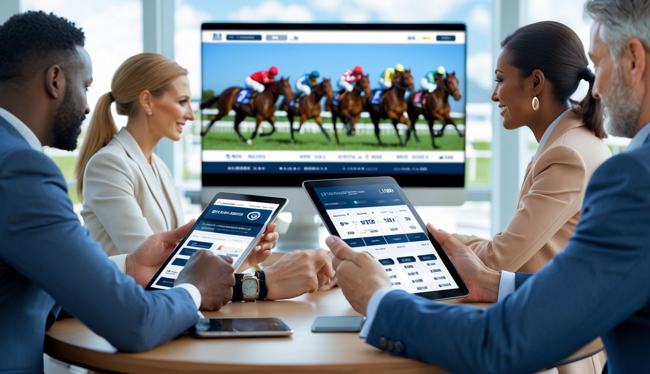 Orang-orang menggunakan perangkat digital untuk memasang taruhan balap kuda resmi di lingkungan modern dengan layar besar yang menampilkan perlombaan kuda secara langsung.