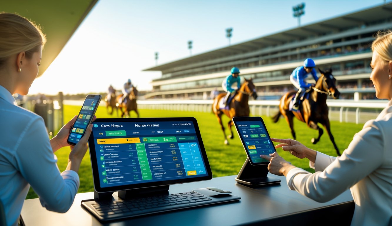 Orang-orang memasang taruhan balap kuda menggunakan terminal digital di dekat lintasan balap kuda yang ramai.