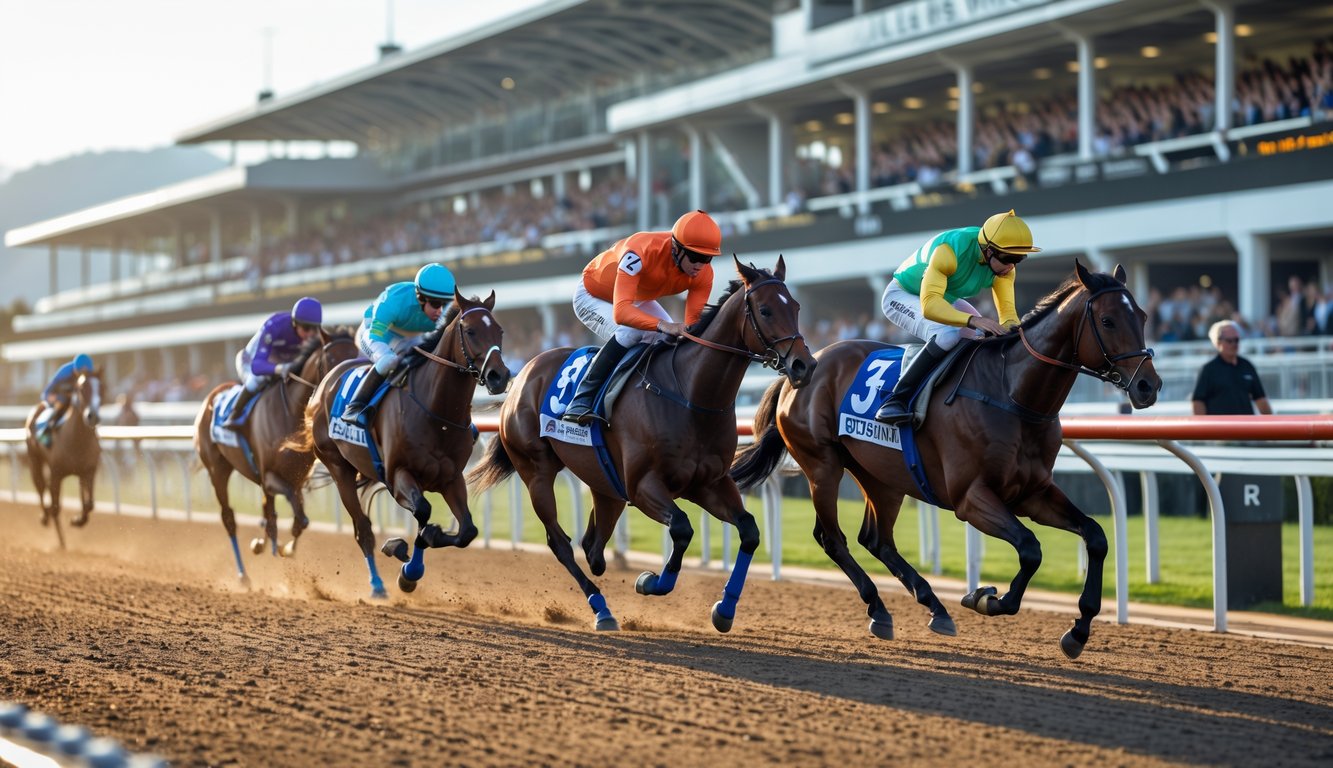 Adegan balap kuda dengan kuda dan joki sedang berlomba di lintasan, penonton di tribun, dan layar digital menampilkan informasi taruhan.