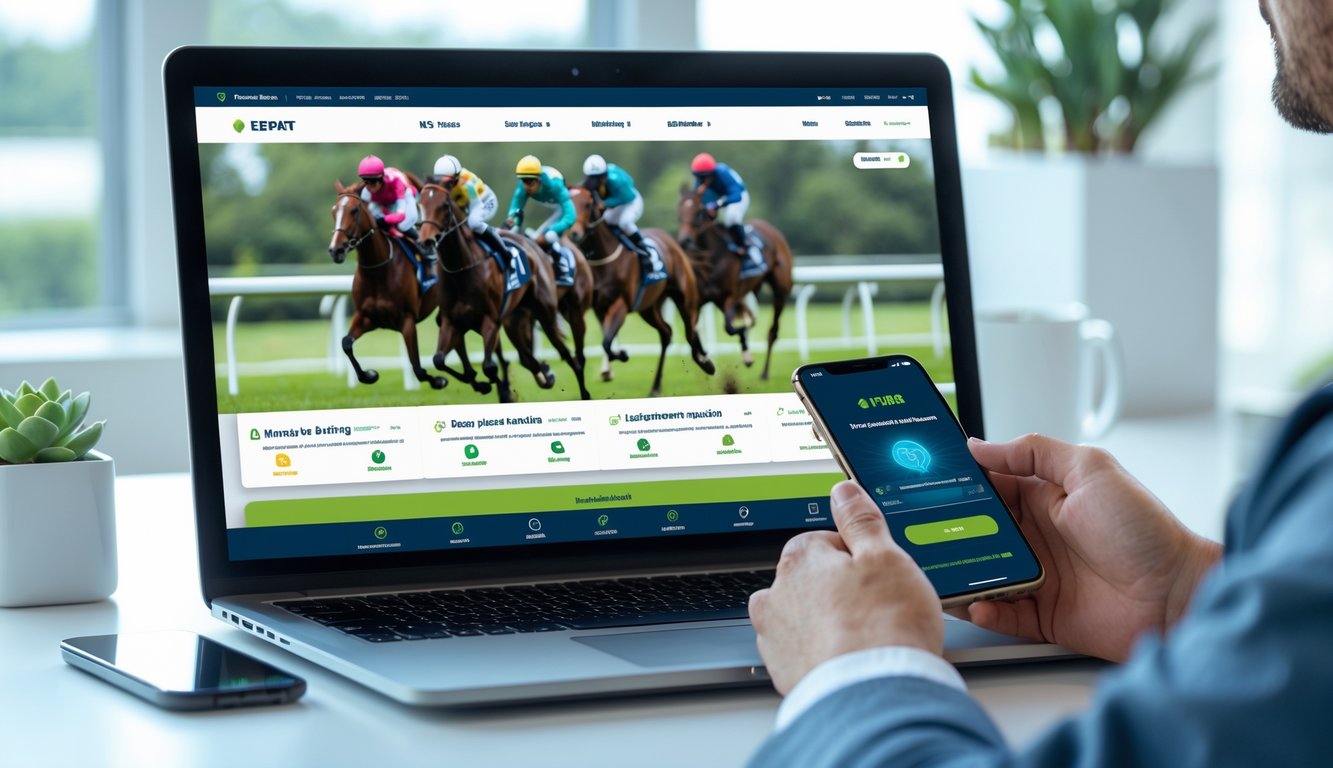 Seseorang menggunakan laptop dan ponsel untuk memasang taruhan balap kuda secara online dengan latar belakang layar menampilkan grafik balap kuda.