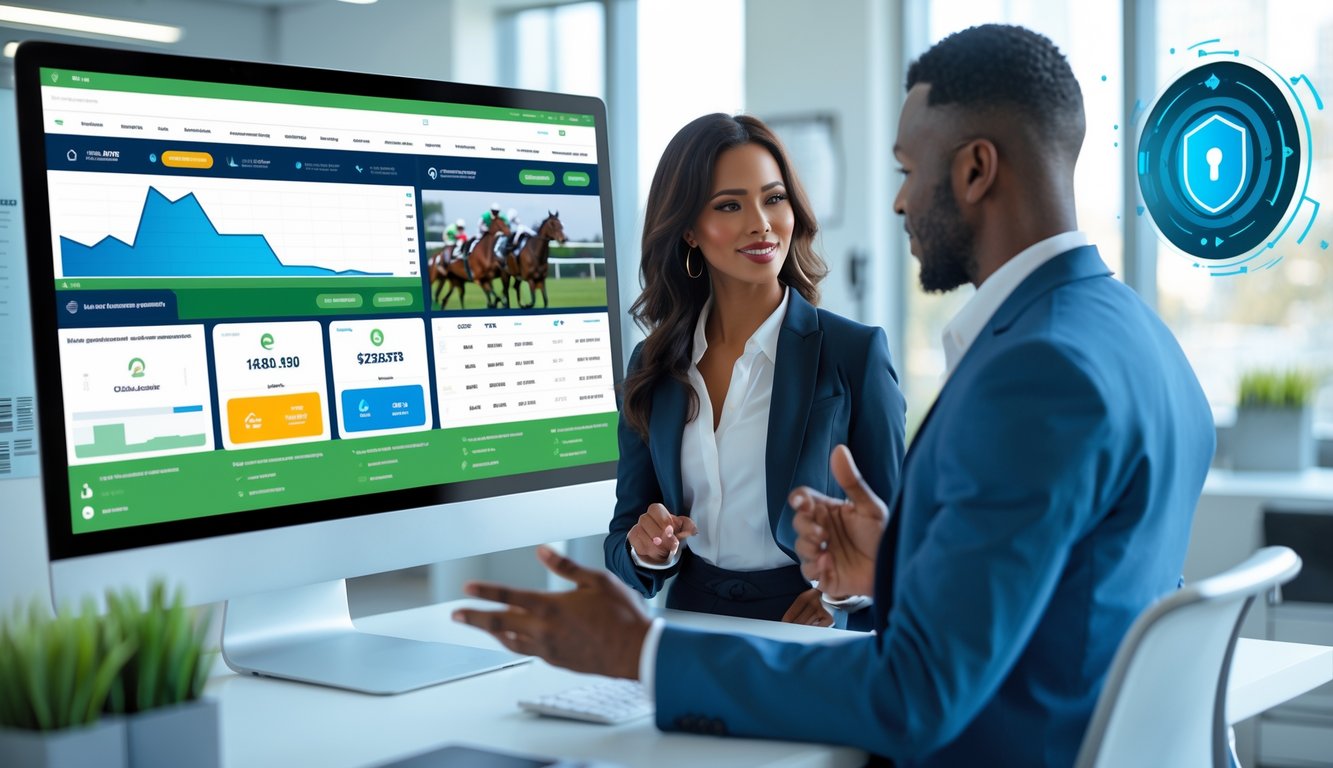 Dua profesional berdiskusi di depan layar komputer yang menampilkan platform judi balap kuda dengan simbol transaksi cepat dan aman.