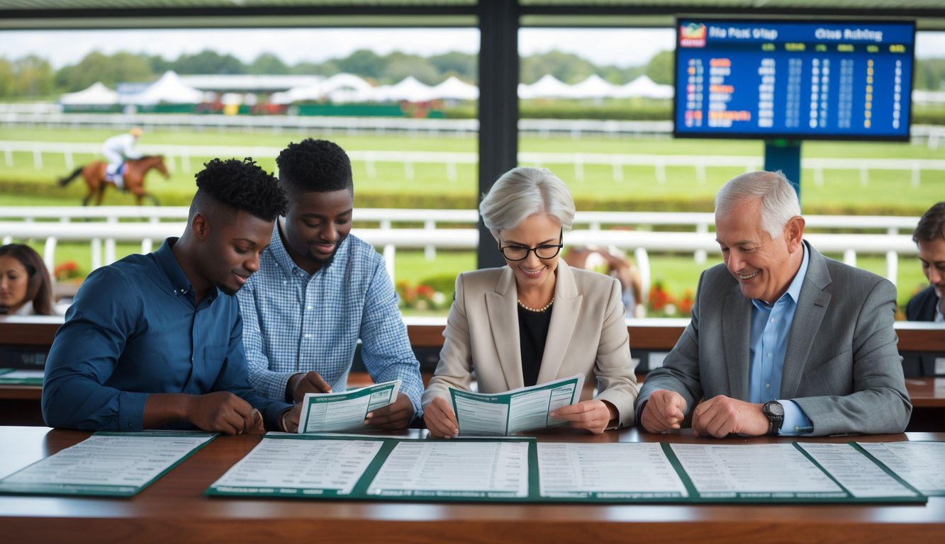 Beberapa orang sedang mempelajari formulir taruhan balap kuda di sebuah loket taruhan dengan latar belakang arena balap kuda yang sedang berlangsung.