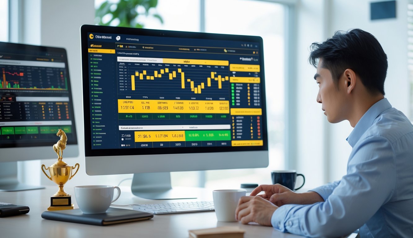 Seorang pria muda sedang melihat layar komputer yang menampilkan data dan statistik balap kuda dengan fokus di sebuah kantor yang terang dan rapi.