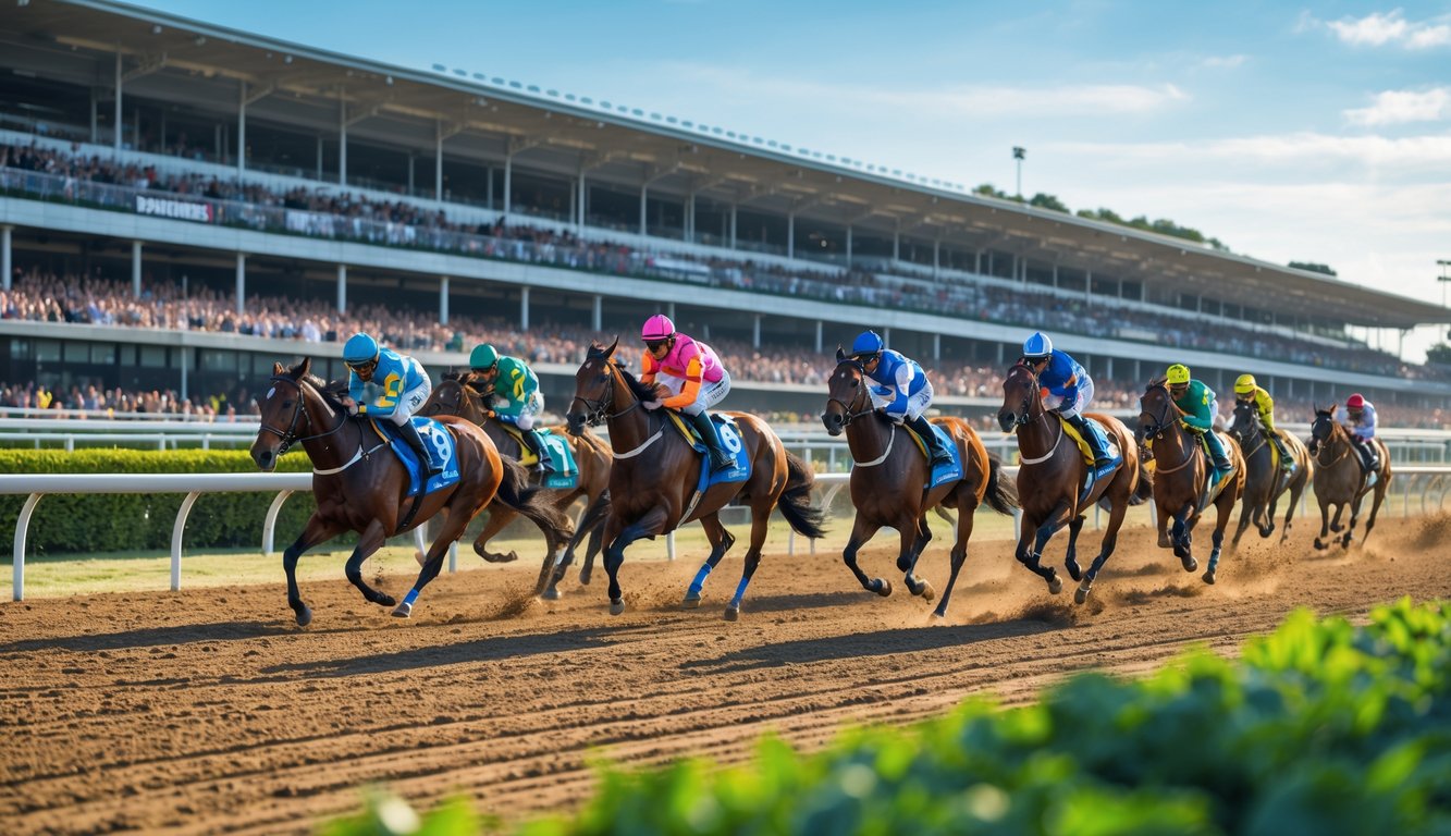 Adegan balap kuda dengan beberapa kuda dan joki berlari cepat di lintasan dengan tribun penonton yang ramai di latar belakang.